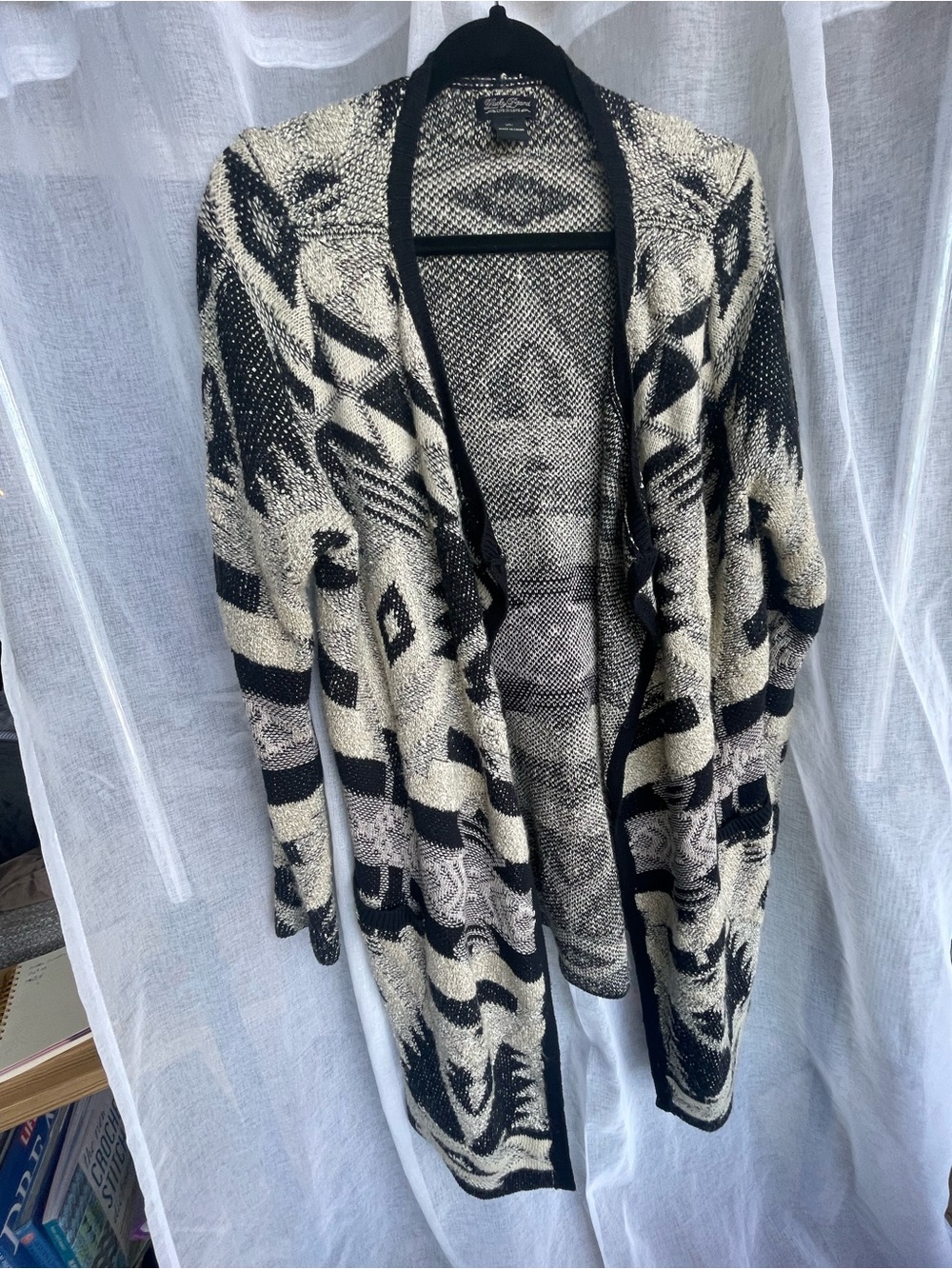 Lucky Brand Black & Cream Aztec Open Front Cardigan, XL, Waterfall Drape